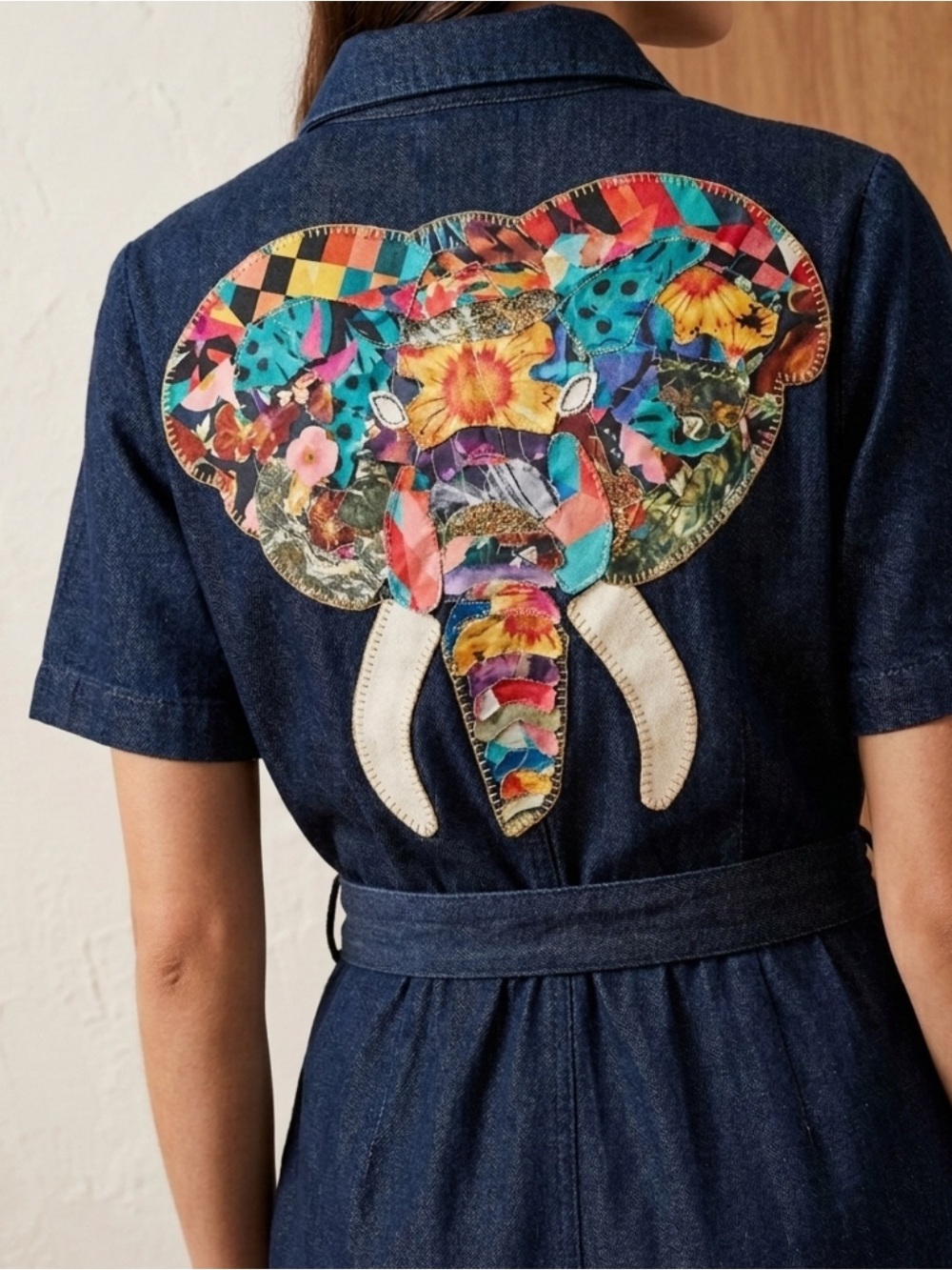 Denim Dress with Colorful Elephant OOAK